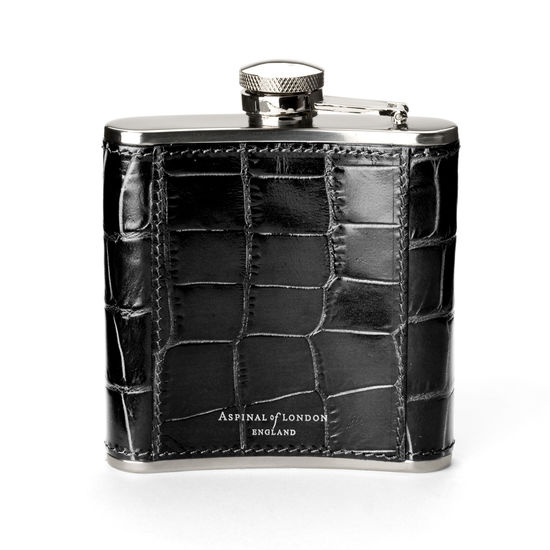 Classic 5oz Leather Hip Flask in Deep Shine Black Croc from Aspinal of London