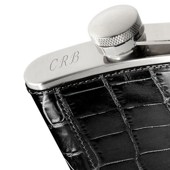 Classic 5oz Leather Hip Flask in Deep Shine Black Croc from Aspinal of London