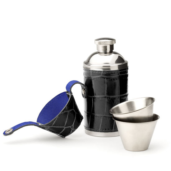 Hunter 6oz Leather Flask in Deep Shine Black Croc & Cobalt Blue Suede from Aspinal of London