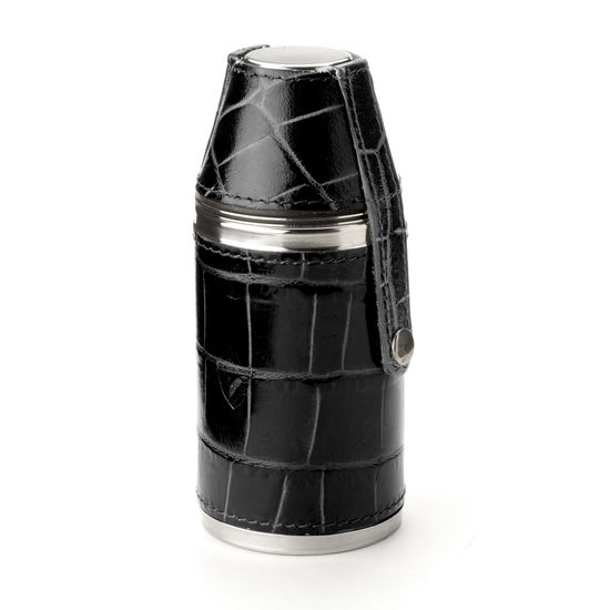 Hunter 6oz Leather Flask in Deep Shine Black Croc & Cobalt Blue Suede from Aspinal of London