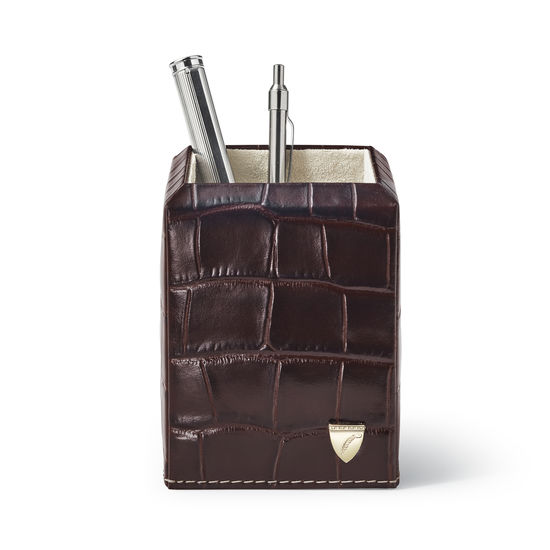 Square Pen Pot in Deep Shine Amazon Brown Croc & Stone Suede from Aspinal of London