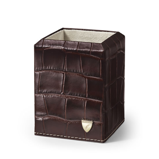 Square Pen Pot in Deep Shine Amazon Brown Croc & Stone Suede from Aspinal of London