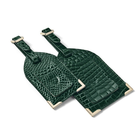 Set of 2 Luggage Tags in Evergreen Patent Croc from Aspinal of London