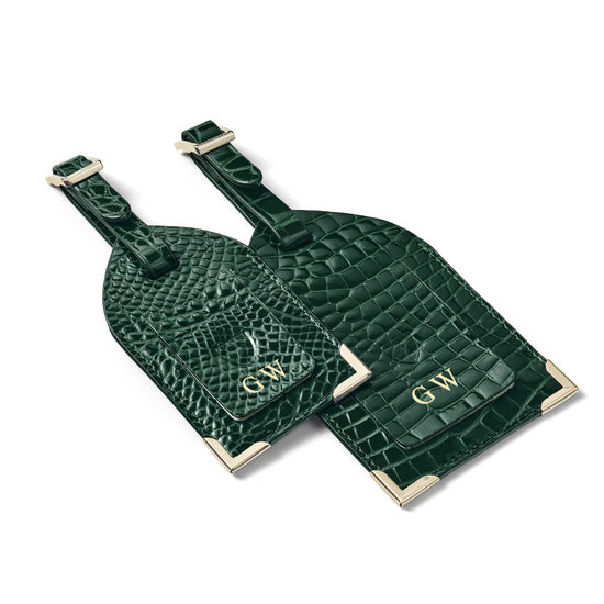 Set of 2 Luggage Tags in Evergreen Patent Croc from Aspinal of London