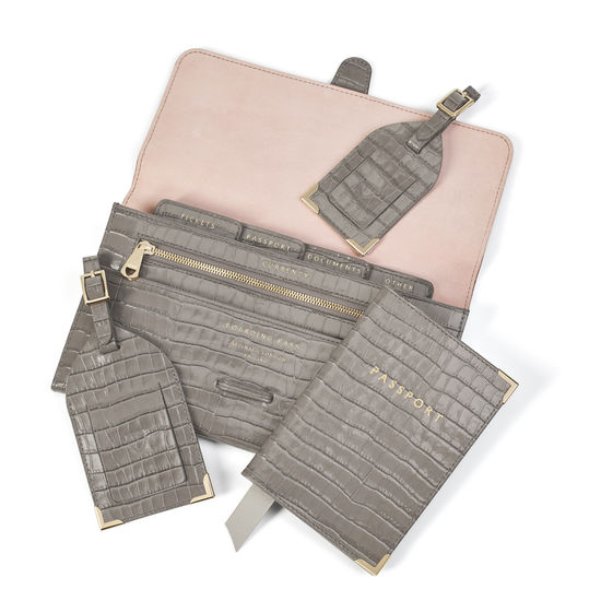 Travel Collection with Removable Inserts in Deep Shine Warm Grey Small Croc from Aspinal of London