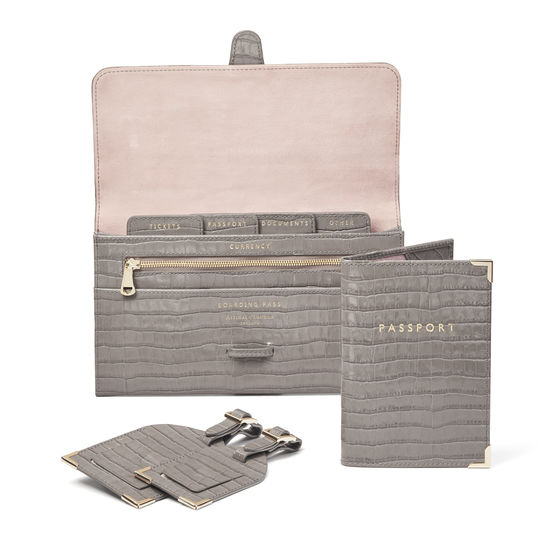 Travel Collection with Removable Inserts in Deep Shine Warm Grey Small Croc from Aspinal of London