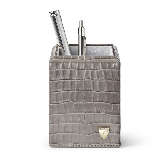 Square Pen Pot in Deep Shine Warm Grey Small Croc from Aspinal of London