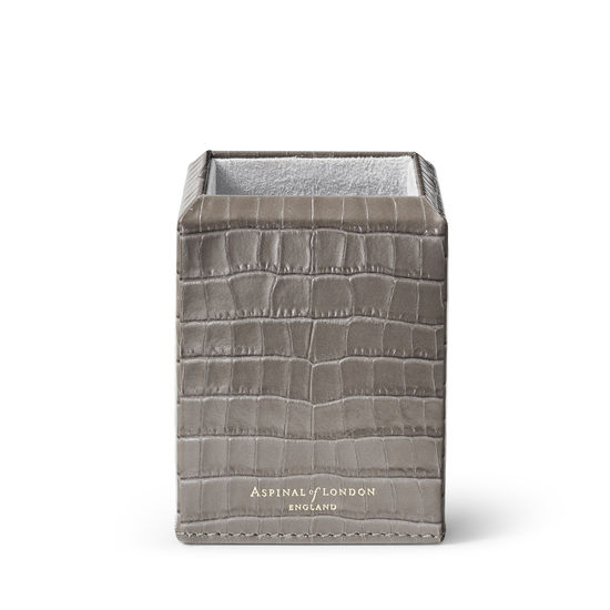 Square Pen Pot in Deep Shine Warm Grey Small Croc from Aspinal of London