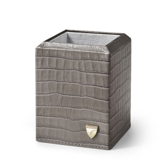 Square Pen Pot in Deep Shine Warm Grey Small Croc from Aspinal of London