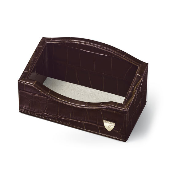 Business Card Holder in Deep Shine Amazon Brown Croc & Stone Suede from Aspinal of London