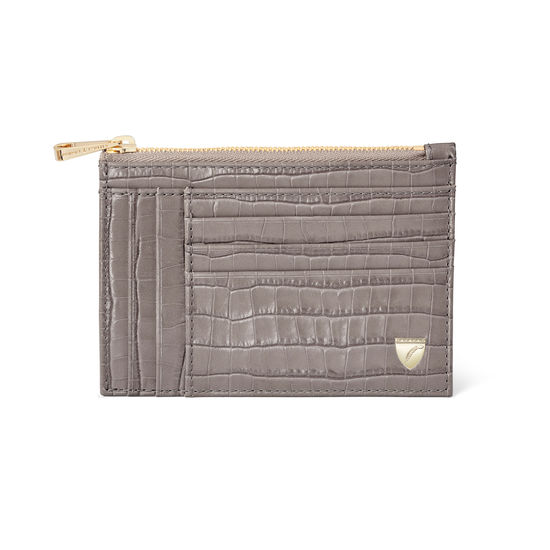 Double Sided Zipped Card & Coin Holder in Deep Shine Warm Grey Small Croc from Aspinal of London