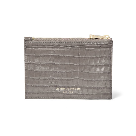 Double Sided Zipped Card & Coin Holder in Deep Shine Warm Grey Small Croc from Aspinal of London