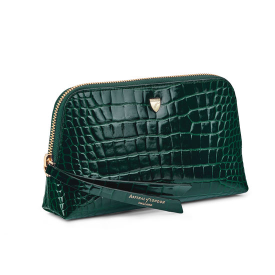 Small Essential Cosmetic Case in Evergreen Patent Croc from Aspinal of London