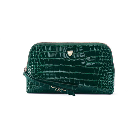 Small Essential Cosmetic Case in Evergreen Patent Croc from Aspinal of London