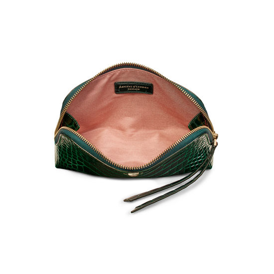 Small Essential Cosmetic Case in Evergreen Patent Croc from Aspinal of London