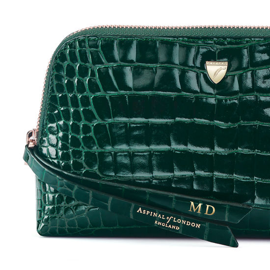 Small Essential Cosmetic Case in Evergreen Patent Croc from Aspinal of London