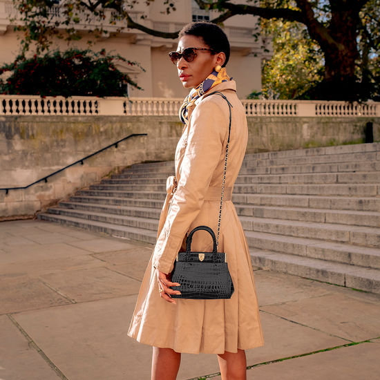 Grace Bag in Deep Shine Black Small Croc from Aspinal of London