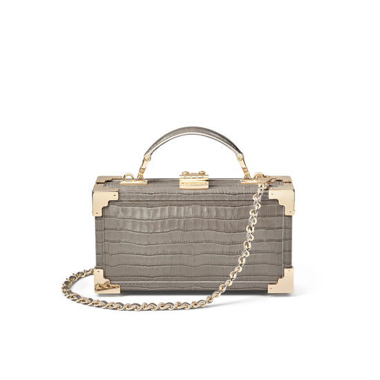 Trinket Box in Deep Shine Warm Grey Small Croc from Aspinal of London