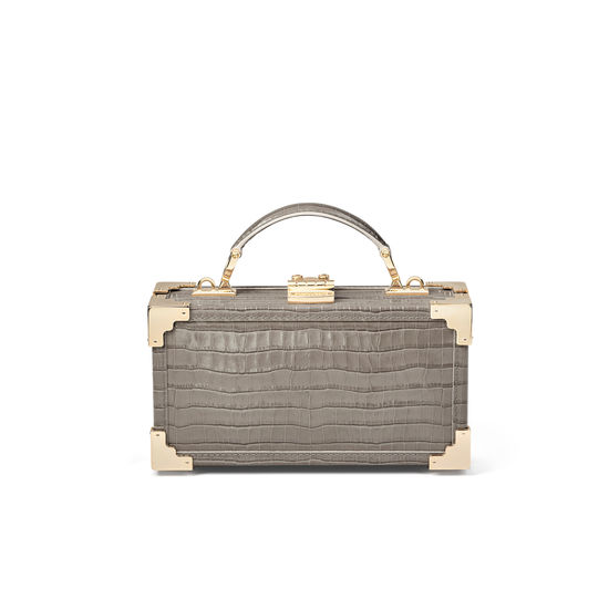 Trinket Box in Deep Shine Warm Grey Small Croc from Aspinal of London