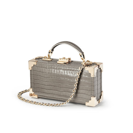 Trinket Box in Deep Shine Warm Grey Small Croc from Aspinal of London
