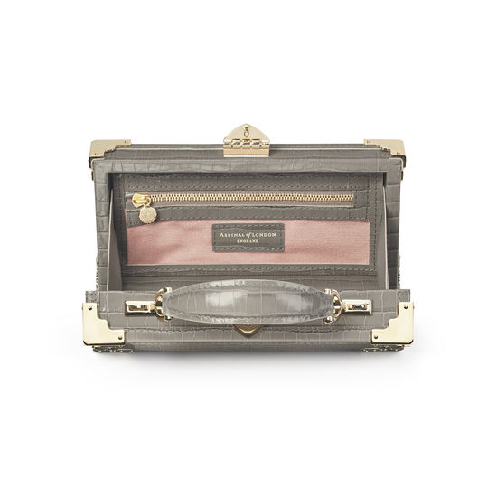 Trinket Box in Deep Shine Warm Grey Small Croc from Aspinal of London