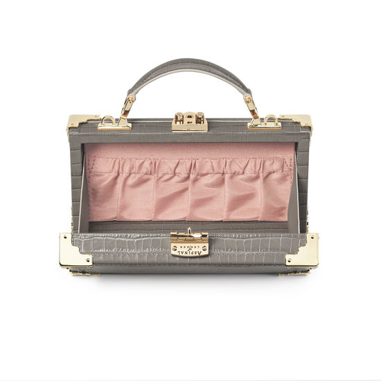 Trinket Box in Deep Shine Warm Grey Small Croc from Aspinal of London
