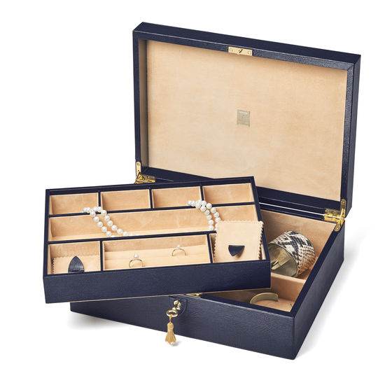 Grand Luxe Jewellery Case in Midnight Blue Silk Lizard from Aspinal of London