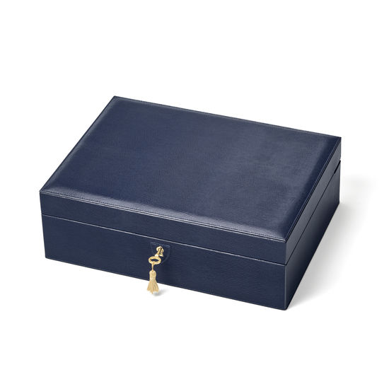 Grand Luxe Jewellery Case in Midnight Blue Silk Lizard from Aspinal of London