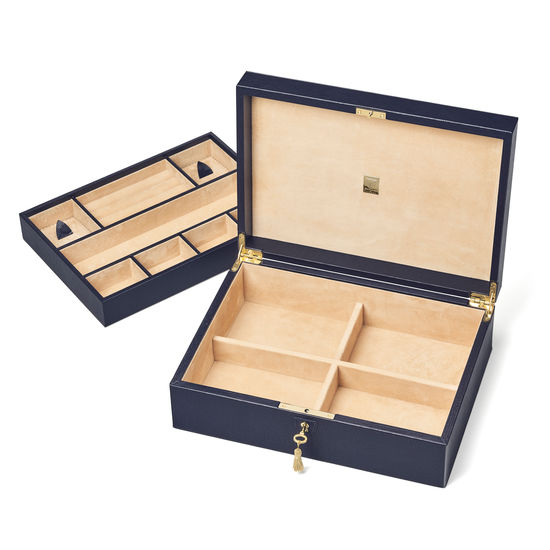 Grand Luxe Jewellery Case in Midnight Blue Silk Lizard from Aspinal of London