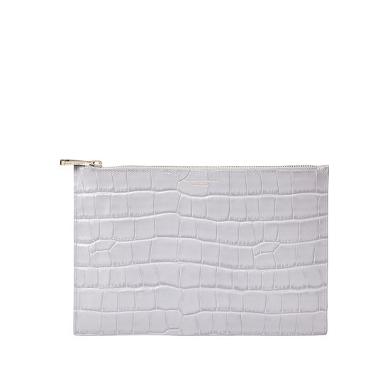 Large Essential Flat Pouch in Dove Grey Croc from Aspinal of London