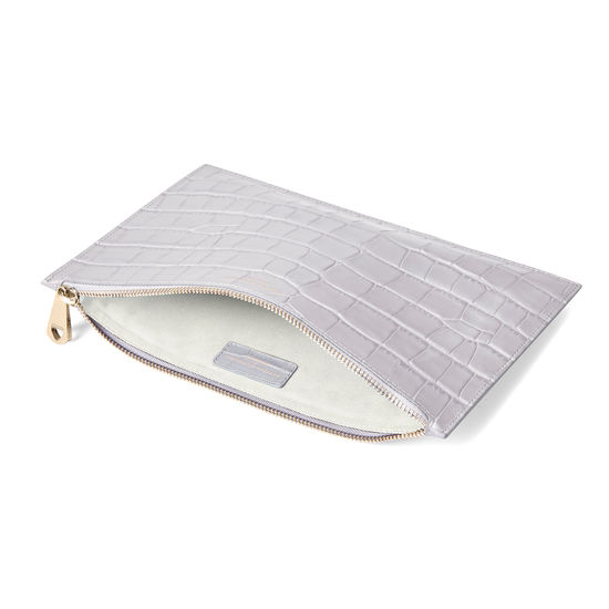 Large Essential Flat Pouch in Dove Grey Croc from Aspinal of London