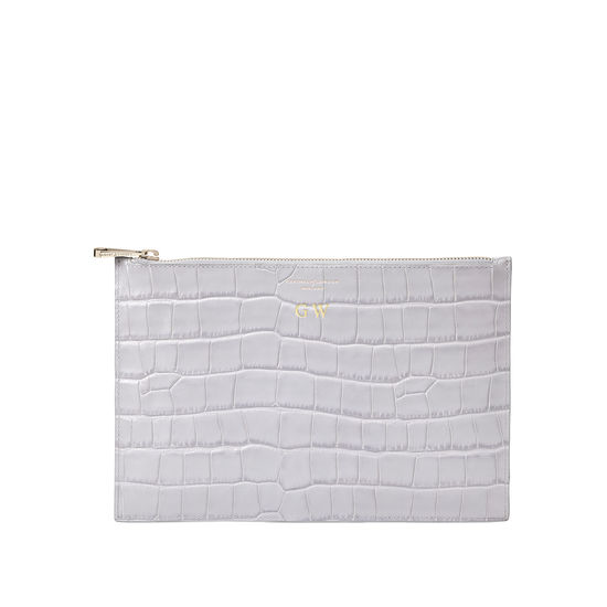 Large Essential Flat Pouch in Dove Grey Croc from Aspinal of London