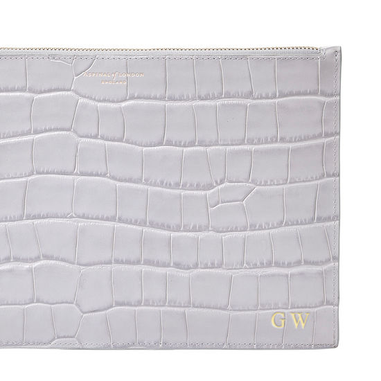 Large Essential Flat Pouch in Dove Grey Croc from Aspinal of London