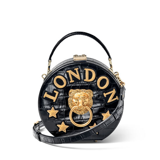 Lion Hat Box in Black Croc with London Stars Embroidery from Aspinal of London