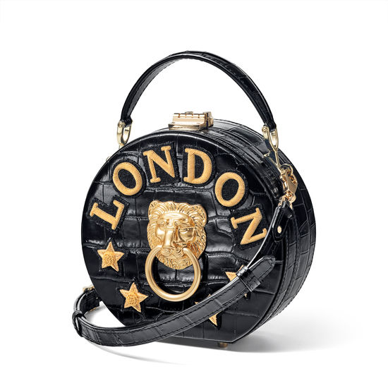 Lion Hat Box in Black Croc with London Stars Embroidery from Aspinal of London