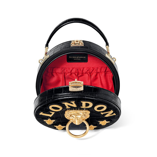 Lion Hat Box in Black Croc with London Stars Embroidery from Aspinal of London