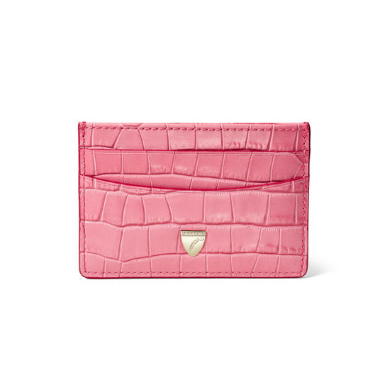 Slim Credit Card Holder in Deep Shine Tea Rose Small Croc from Aspinal of London