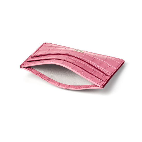 Slim Credit Card Holder in Deep Shine Tea Rose Small Croc from Aspinal of London