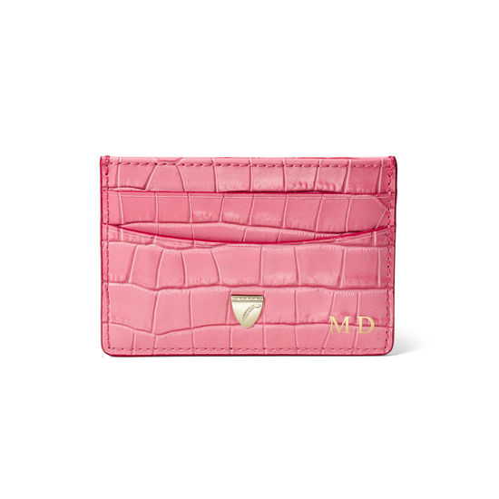 Slim Credit Card Holder in Deep Shine Tea Rose Small Croc from Aspinal of London