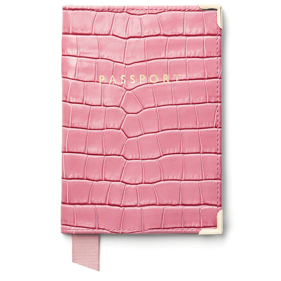 Passport Cover in Deep Shine Tea Rose Small Croc from Aspinal of London