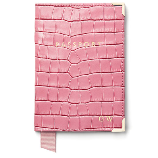 Passport Cover in Deep Shine Tea Rose Small Croc from Aspinal of London