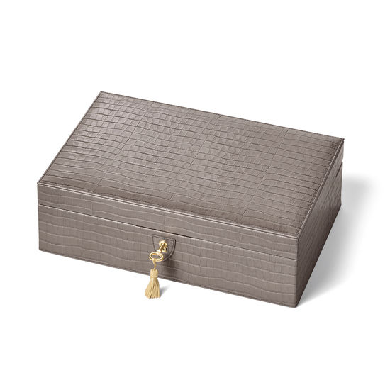 Savoy Jewellery Box in Deep Shine Warm Grey Small Croc from Aspinal of London