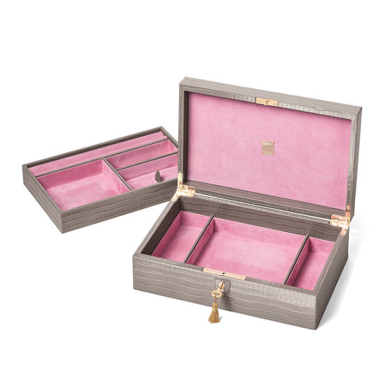 Savoy Jewellery Box in Deep Shine Warm Grey Small Croc from Aspinal of London