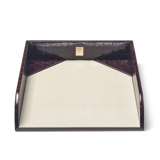 Paper Tray in Deep Shine Amazon Brown Croc & Stone Suede from Aspinal of London
