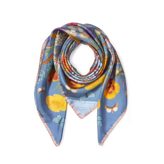 Botanical ‘A’ Silk Scarf in Bluebird from Aspinal of London