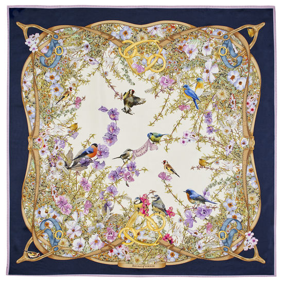 Edwardian Garden Silk Scarf in Navy Pure Silk Twill from Aspinal of London