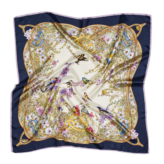 Edwardian Garden Silk Scarf in Navy Pure Silk Twill from Aspinal of London
