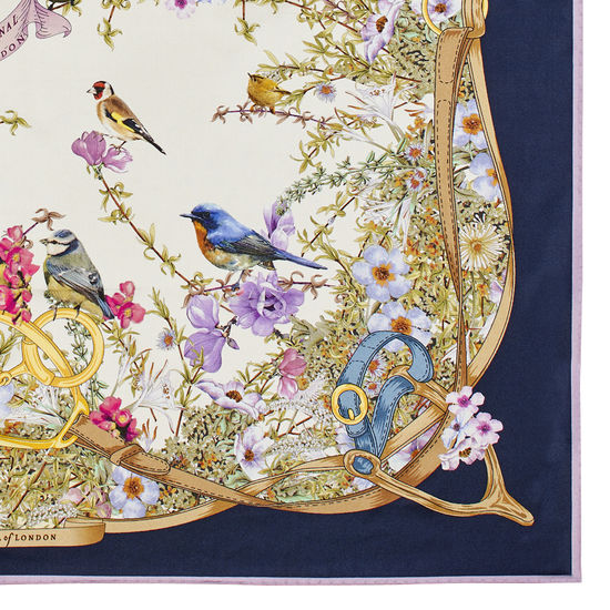 Edwardian Garden Silk Scarf in Navy Pure Silk Twill from Aspinal of London