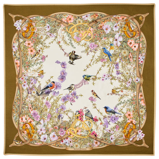 Edwardian Garden Silk Scarf in Olive Pure Silk Twill from Aspinal of London
