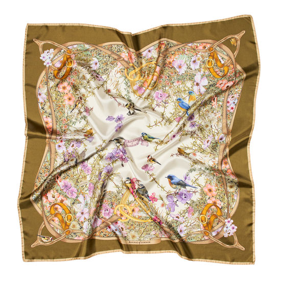 Edwardian Garden Silk Scarf in Olive Pure Silk Twill from Aspinal of London
